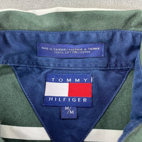 VTG 90s Tommy Hilfiger Shirt Mens Medium Green Striped Embroidered Button Down - Picture 8 of 11